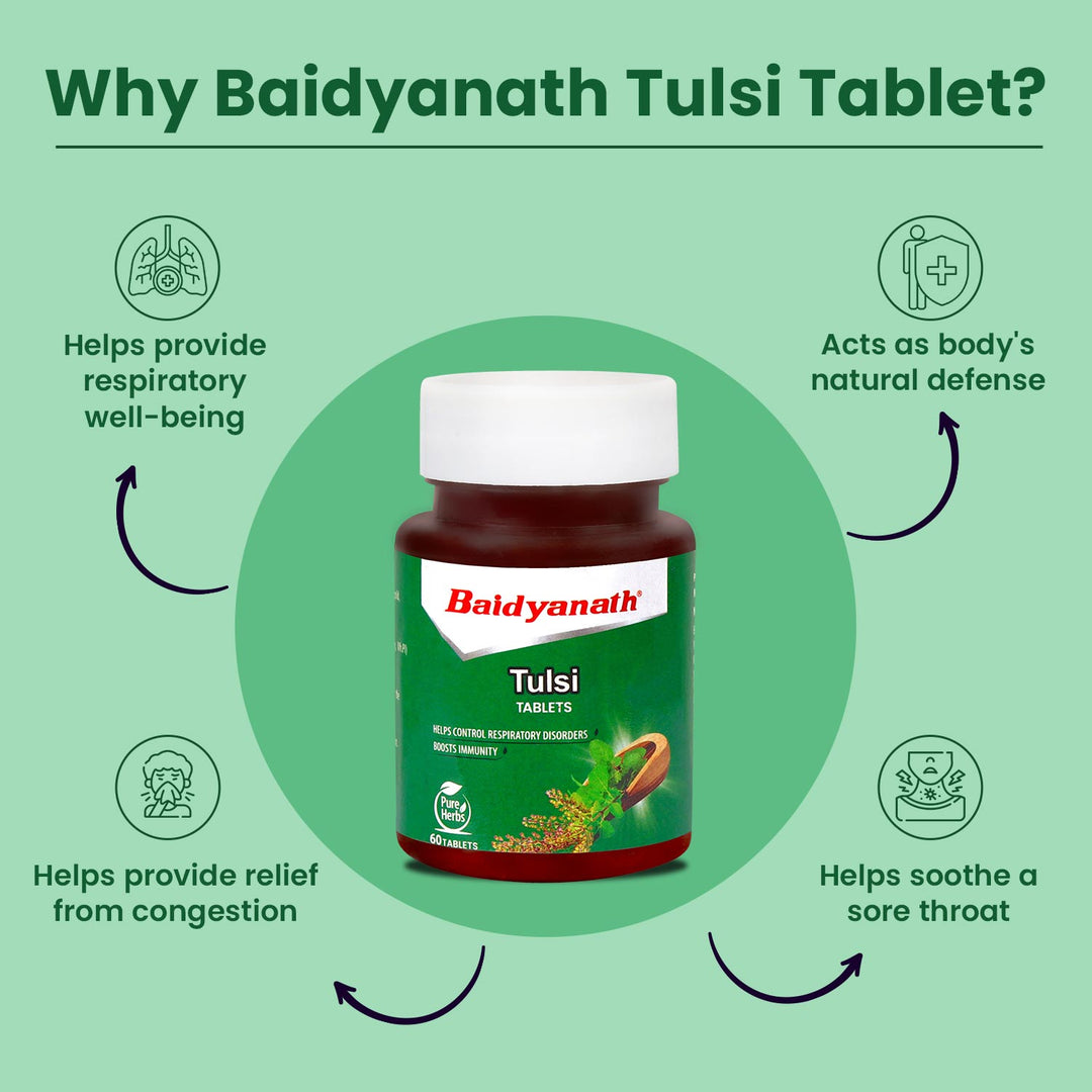 Baidyanath Tulsi Tablets - 60 tablets | Helps Boosts Immunity & Respiratory Wellness | Relieves Cough and Cold