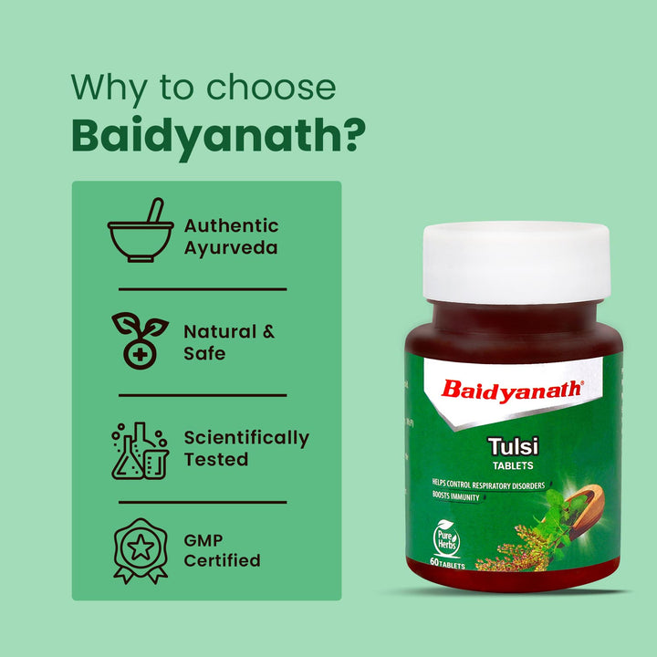 Baidyanath Tulsi Tablets - 60 tablets | Helps Boosts Immunity & Respiratory Wellness | Relieves Cough and Cold