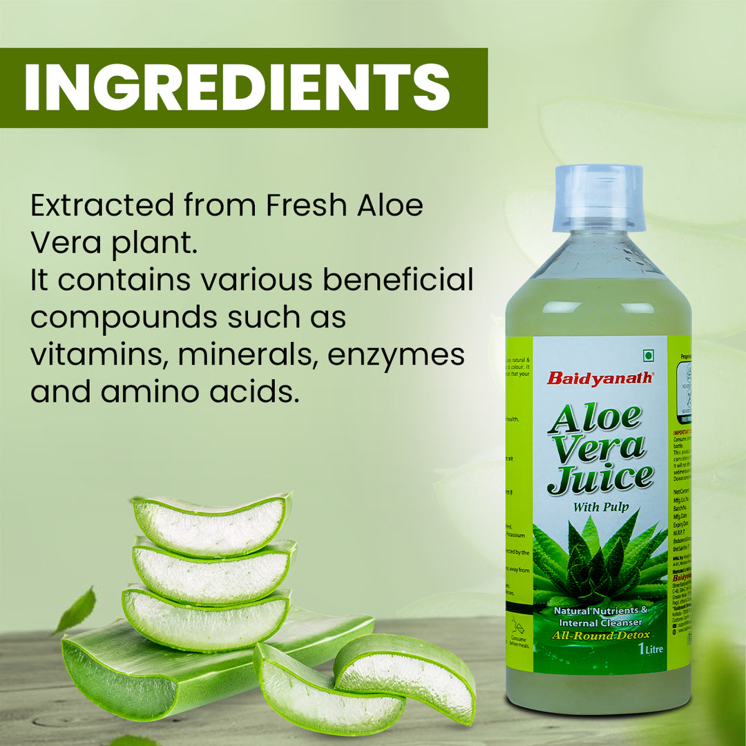 ingredinets in Baidyanath aloe vera juice bottle and slices 