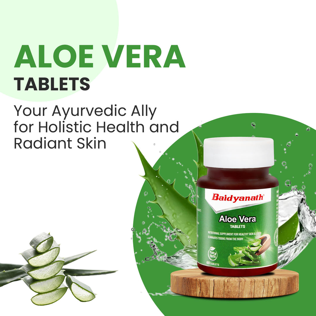 Baidyanath Aloe Vera Tablets bottle, slices of aloe vera, tagline highligh aloe vera tablets.