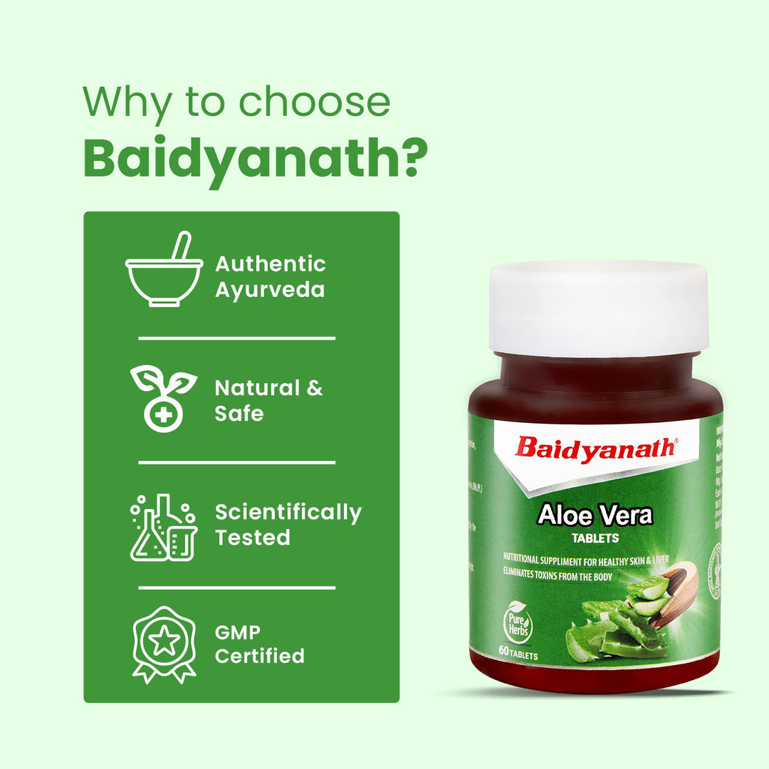 Baidyanath Aloe Vera tablets bottle with the tagline highlighting 'why to choose baidyanath?