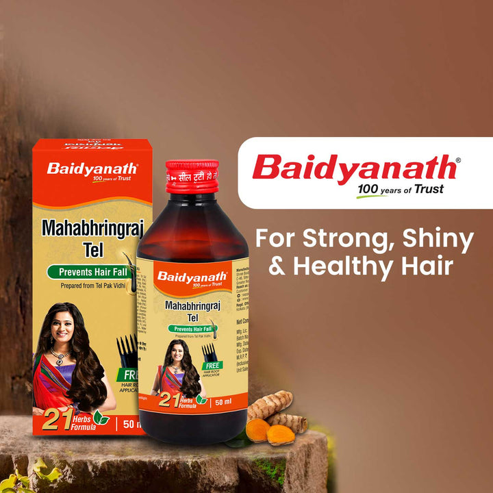 Baidyanath mahabhringraj tel bottle & box and highlight thetagline for strong, shiny & healthy hair