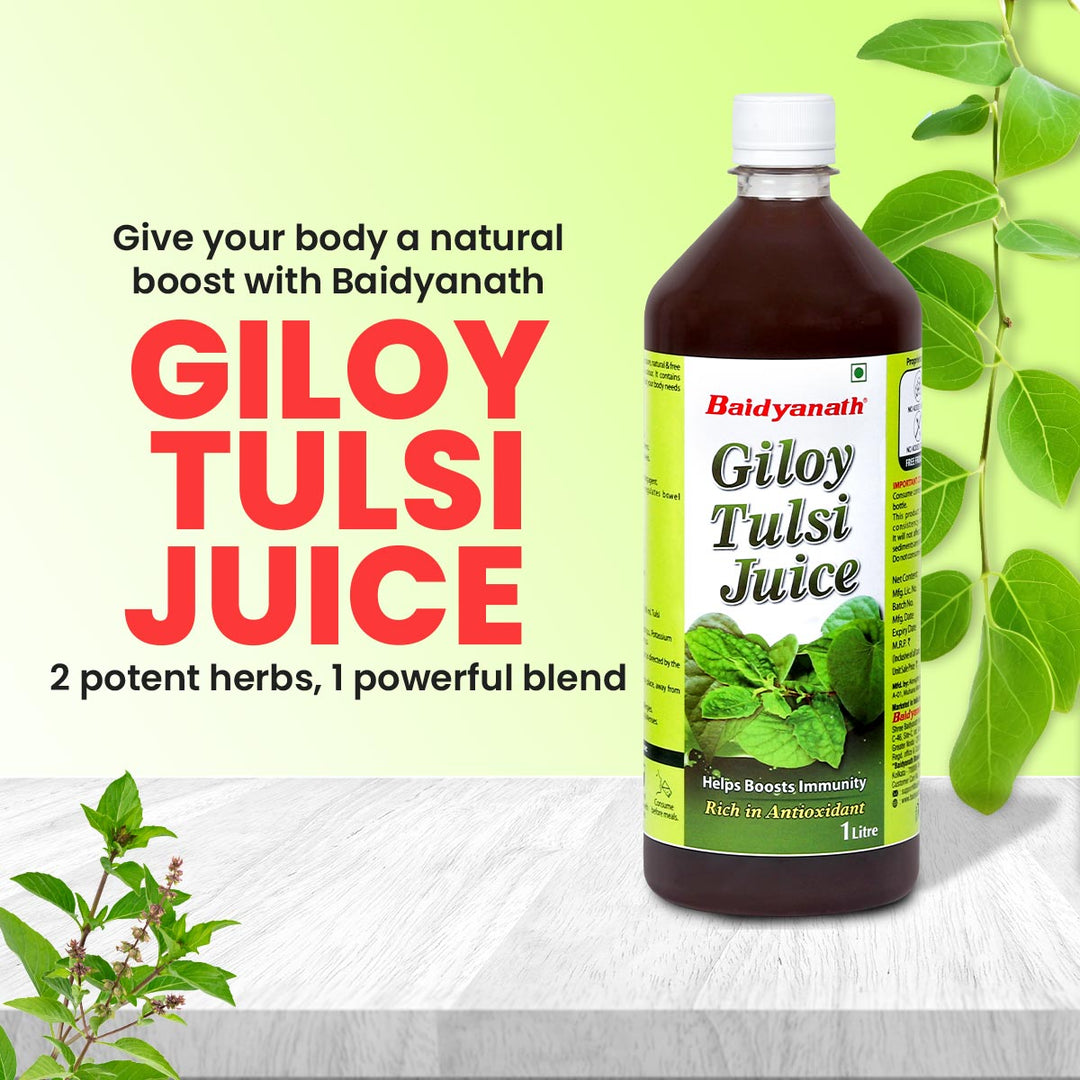 Baidyanath Giloy tulsi juice with leaves background (give your body a natural boost with baidyanath)