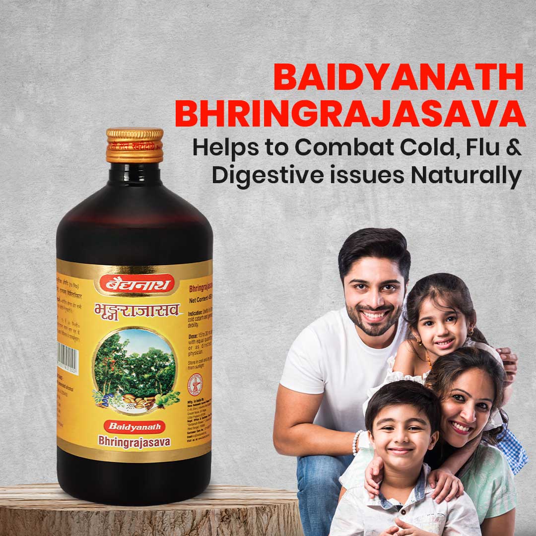 Baidyanath Bhringrajasav bottle and right side one family show the trust, tagline highlight Baidyanath Bhringrajasav helps o combat cold,flu &digestive issues naturally.