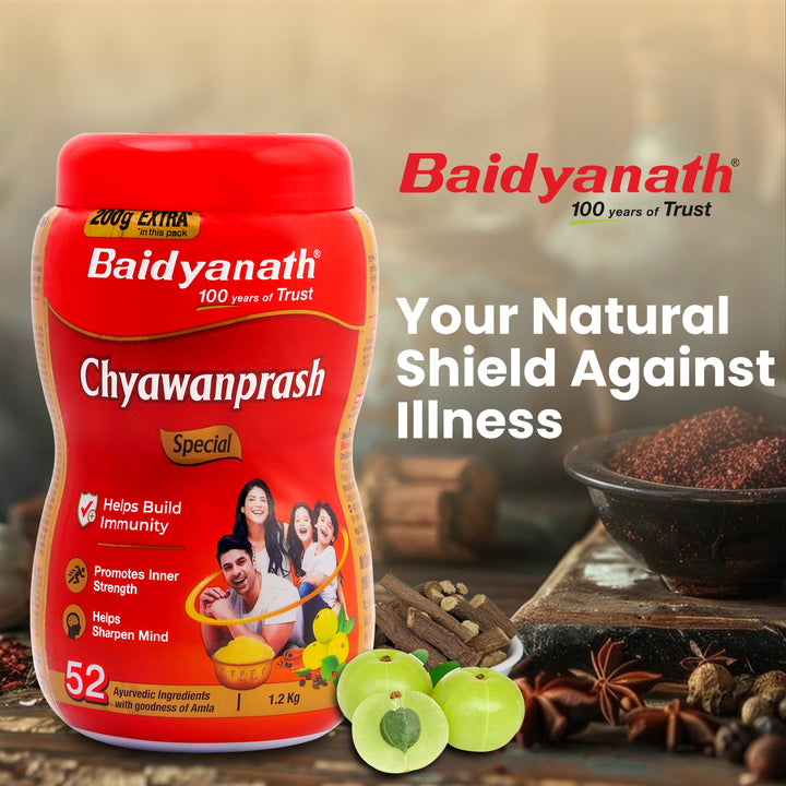 Baidyanath Chyawanprash box with its key ingredients in the background, accompanied by the tagline 'Your Natural Shield Against Illness.