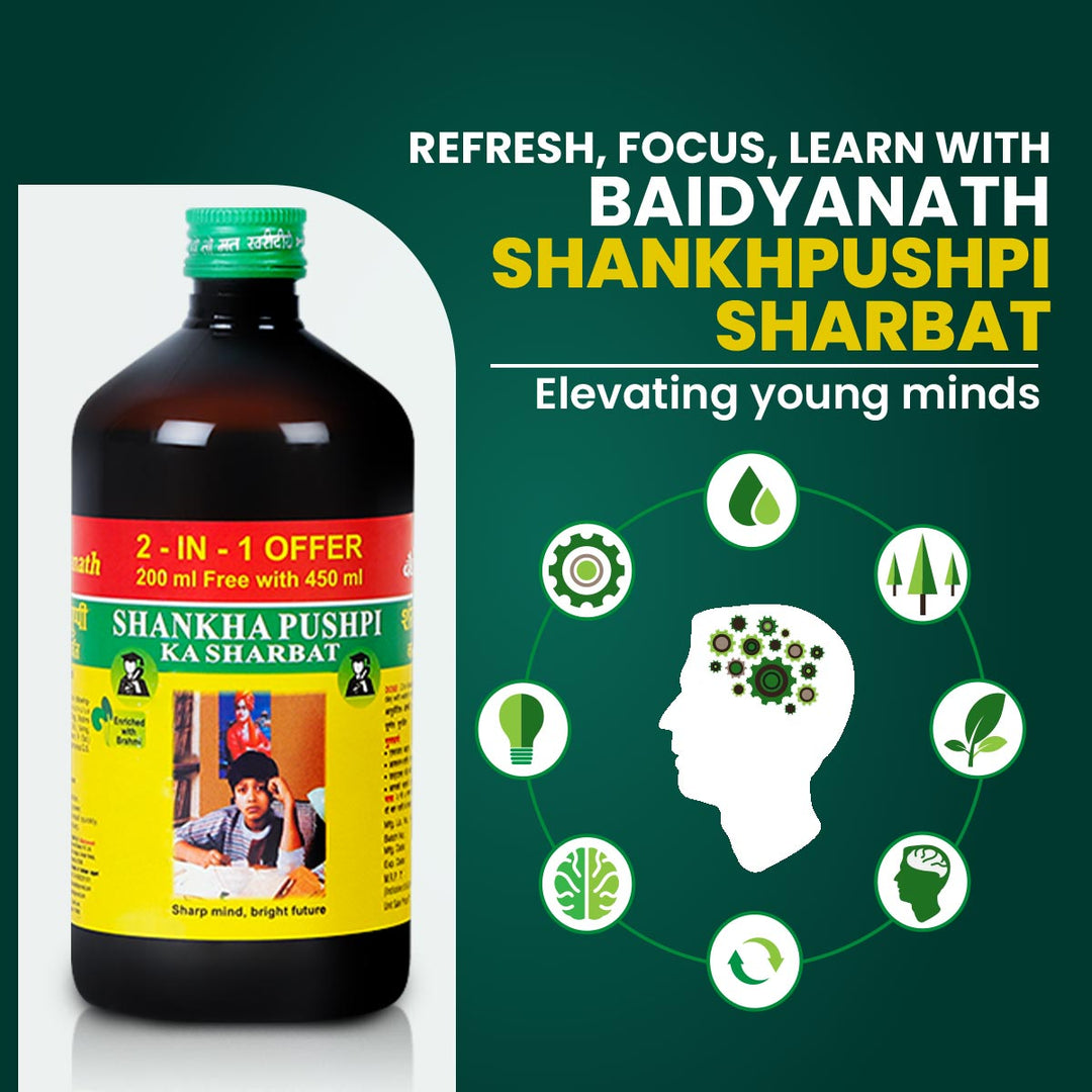 Baidyanath Shankhapushpi Sharbat - 650 ml ( 450ml+200ml Free) | Helps Improve Memory, Cognitive skills & Mental fatigue