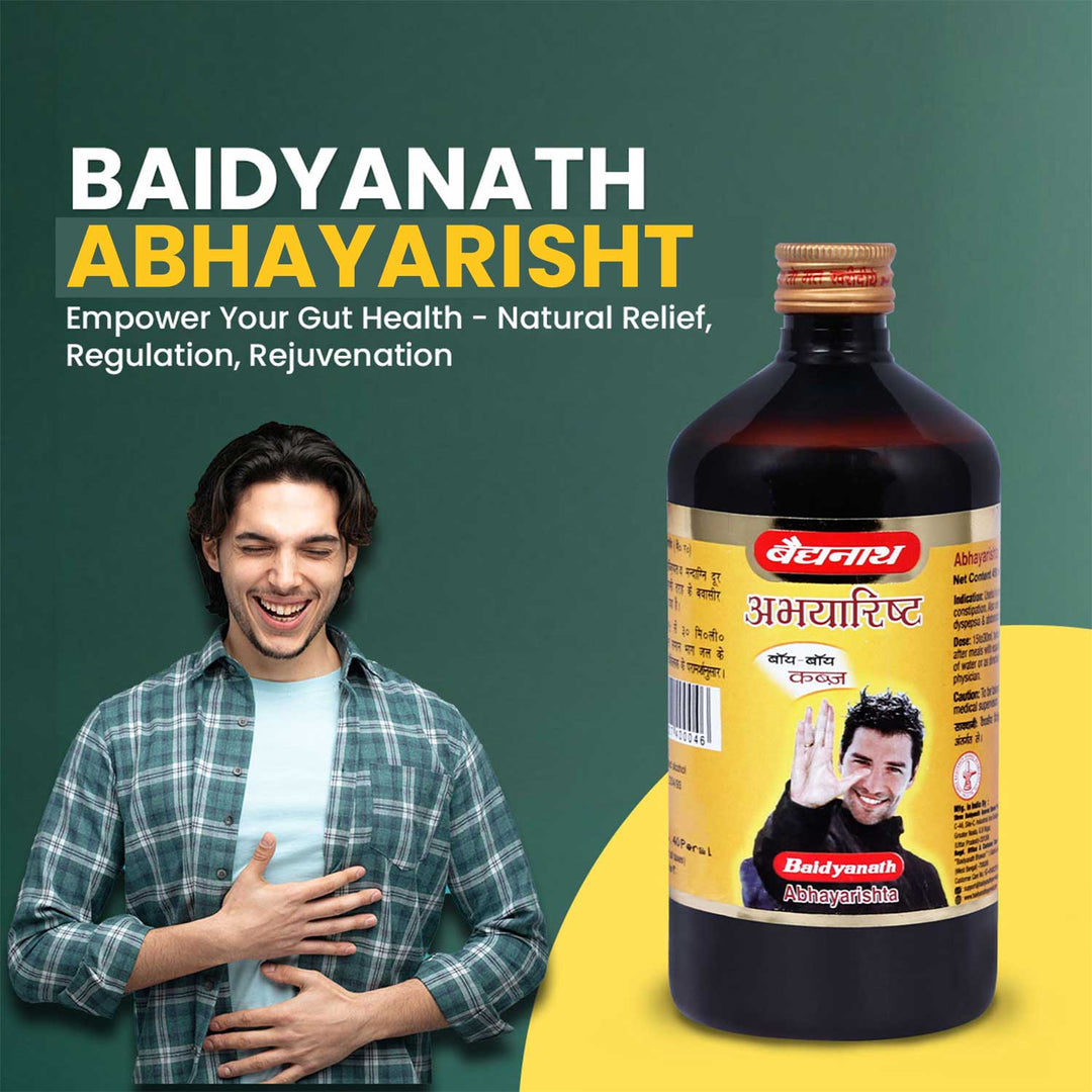 A man show the healthy digestion 
along with Baidyanath Abhayarisht also in tagged line.