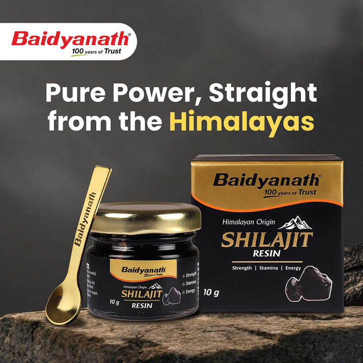 Baidyanath shilajit resin box with spoon highlight the tagline 