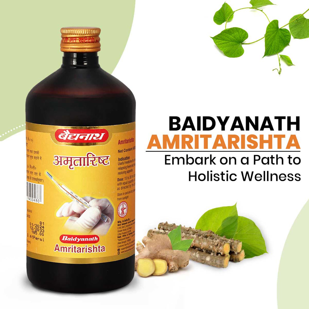 Baidyanath Amritarishta bottle placed with ginger and moringa sticks nearby. The tagline highlights the benefits of Baidyanath Amritarishta.