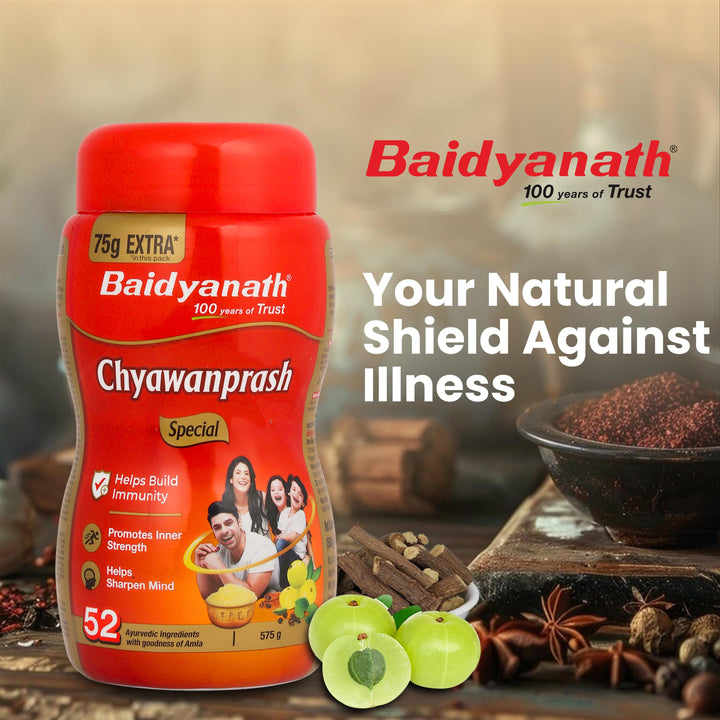 Baidyanath Chyawanprash box with its key ingredients in the background, accompanied by the tagline 'Your Natural Shield Against Illness.