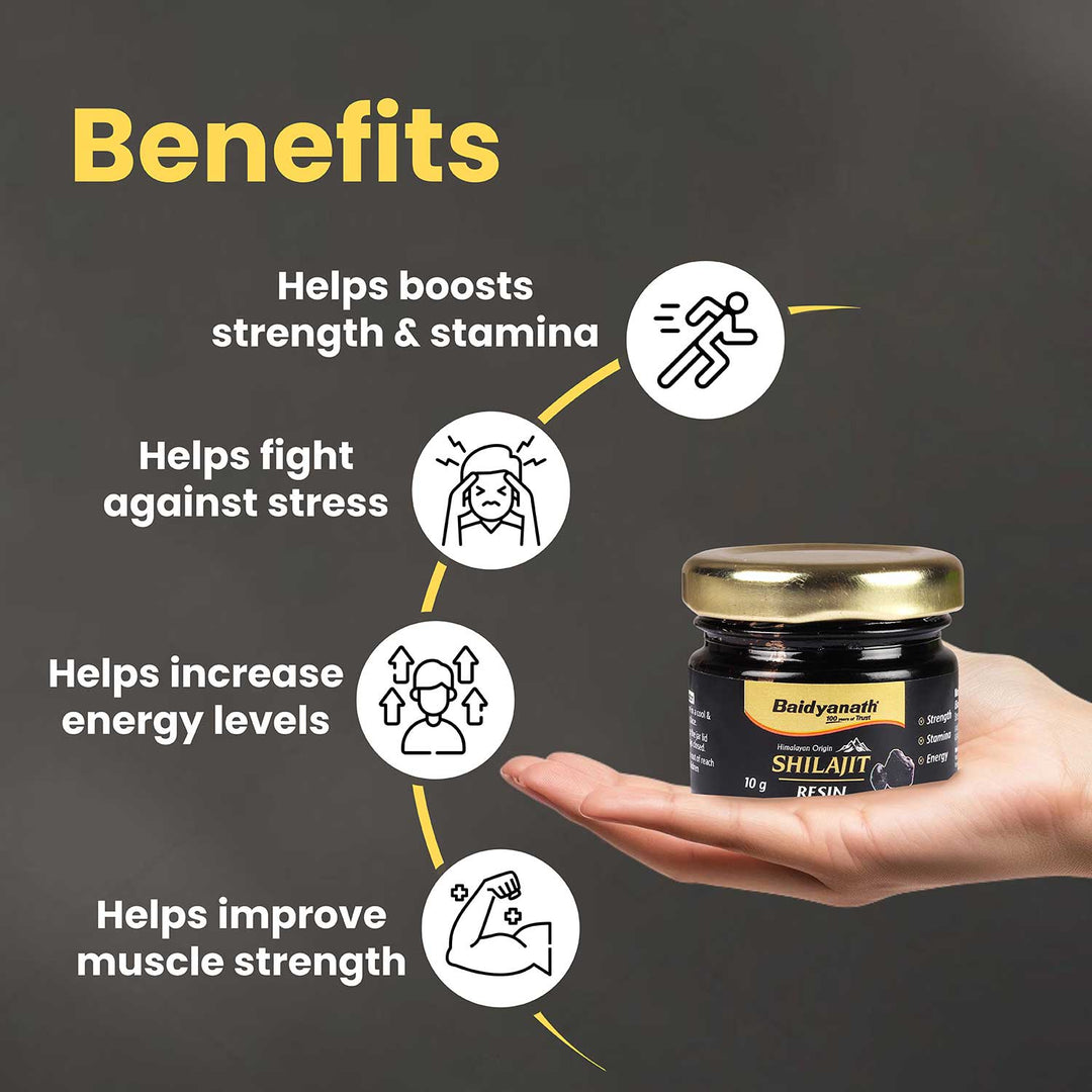 Baidyanath shilajit resin box in hand highlight the benefits.