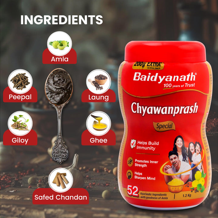 Baidyanath Chyawanprash 1.2kg box with its key ingredients 'amla, peepal, laung, giloy, ghee, safed chandan'