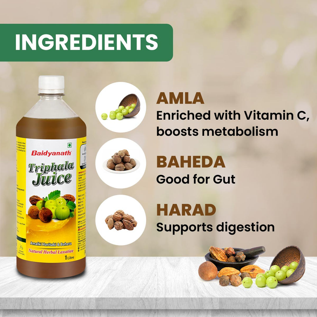 Baidyanath Triphala juice bottle & ingredients amla, baheda, harad.