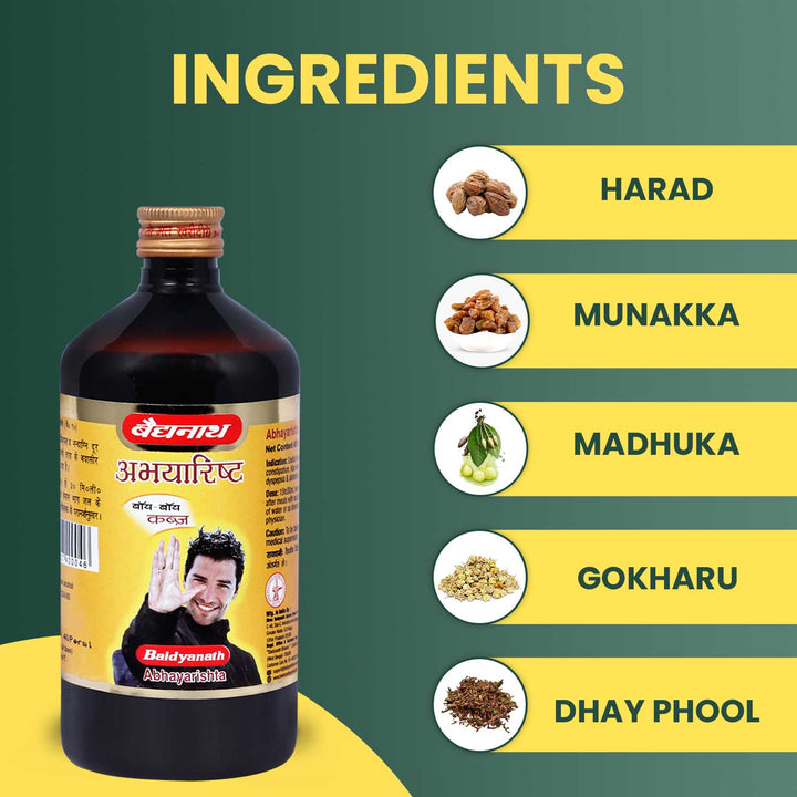 Baidyanath Abhayarisht with there ingredients icon like harad, munakka, madhuka, gokharu, dhay phool.