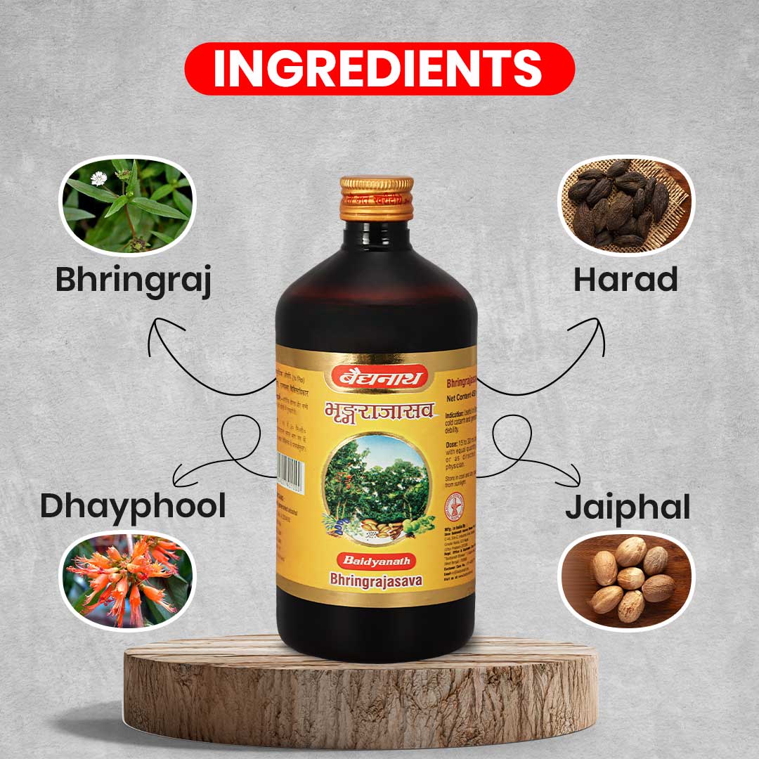 Baidyanath Bhringrajasav bottle, highlight the ingredients, bhringraj, harad, dhayphool, jaiphal.