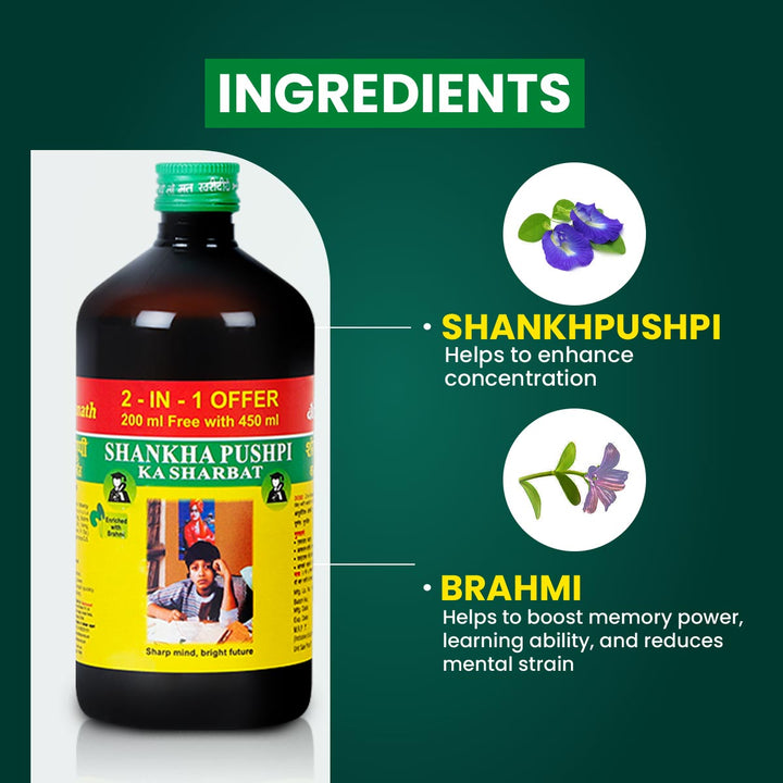 Baidyanath Shankhapushpi Sharbat - 650 ml ( 450ml+200ml Free) | Helps Improve Memory, Cognitive skills & Mental fatigue