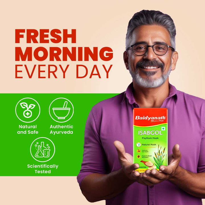 A man holding Baidyanath Isabgol, with the left side of the image featuring the tagline 'Fresh Morning Every Day.