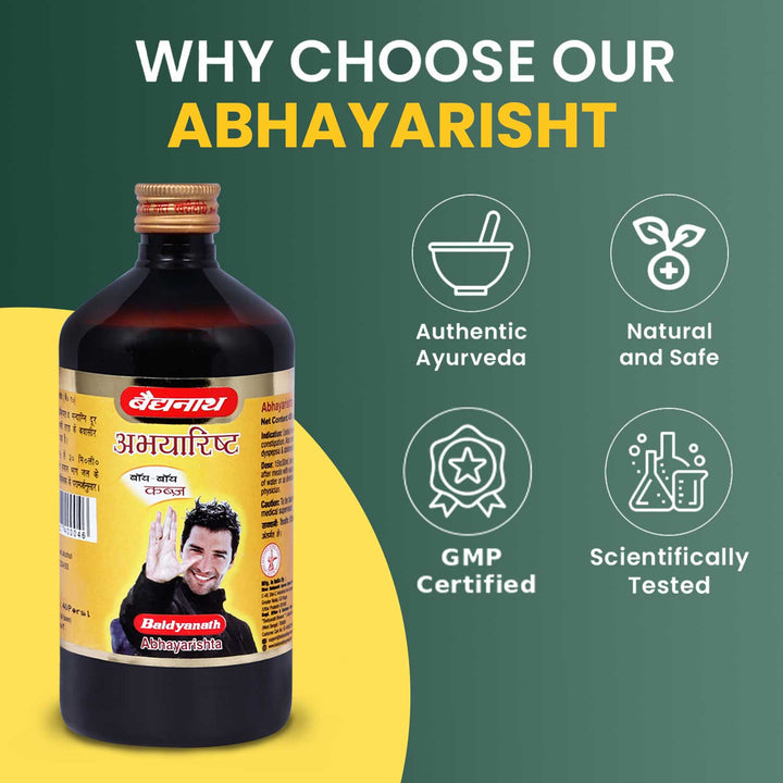 Baidyanath Abhayarisht bottle and trusted icon tagline showcasing 'why choose our abhayarisht'