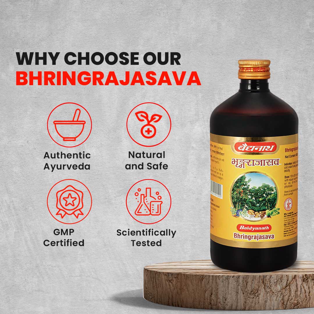 Baidyanath Bhringrajasav bottle tagline highlight 'why 'choose our bhringrajasava icon show.