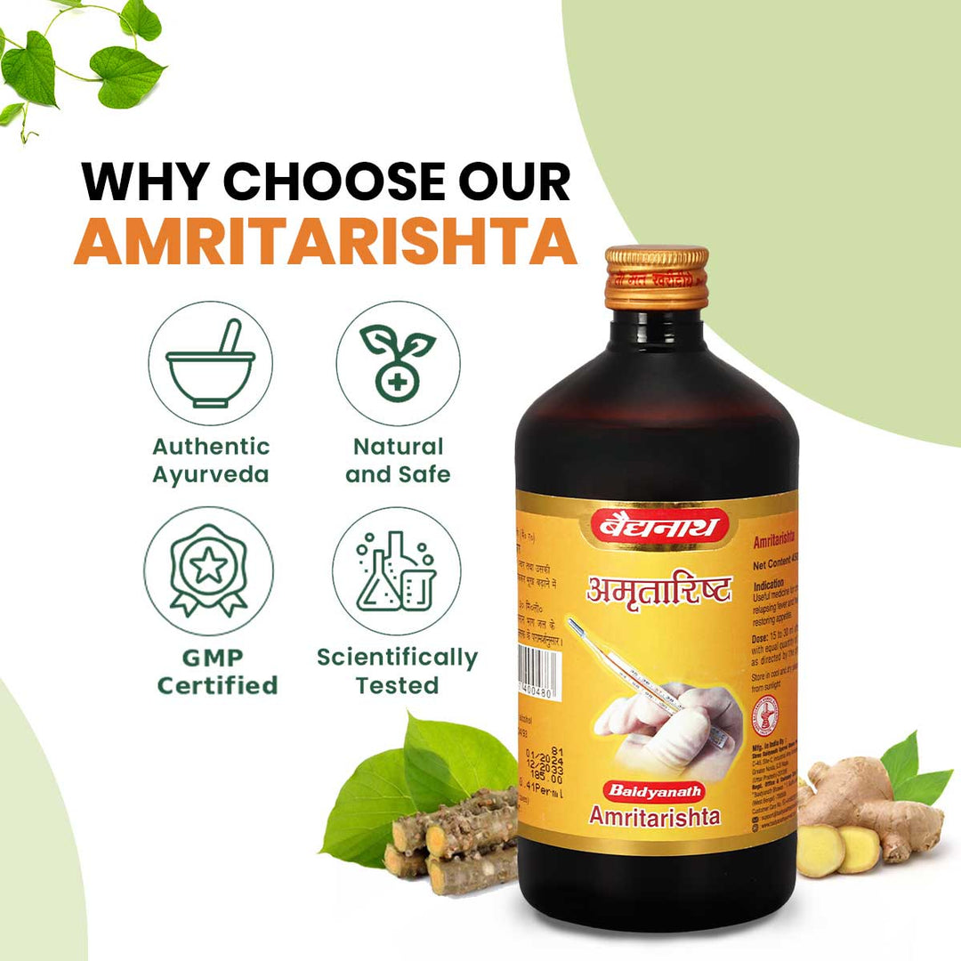 Baidyanath Amritarishta bottle displayed alongside illustrations of why choose our amritarishta including  authentic ayurveda , natural and safe, gmp certified, scientifically tested.