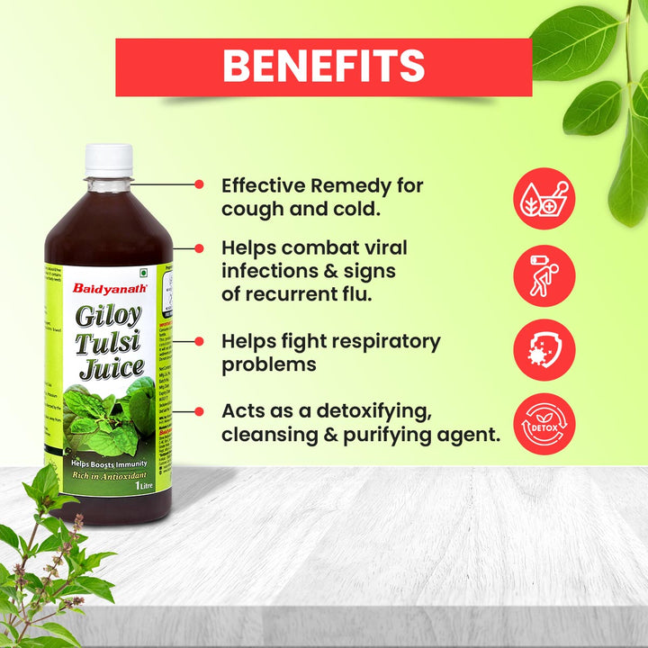 Baidyanath Giloy Tulsi Herbal Juice - 1000ml | Helps Boost Immunity & Promotes Good Health | Supports Respiratory Wellness (Pack of 1)