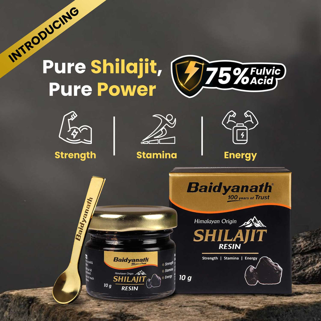 Baidyanath shilajit resin box with spoon highlight the tag line Pure shilajit pure power.