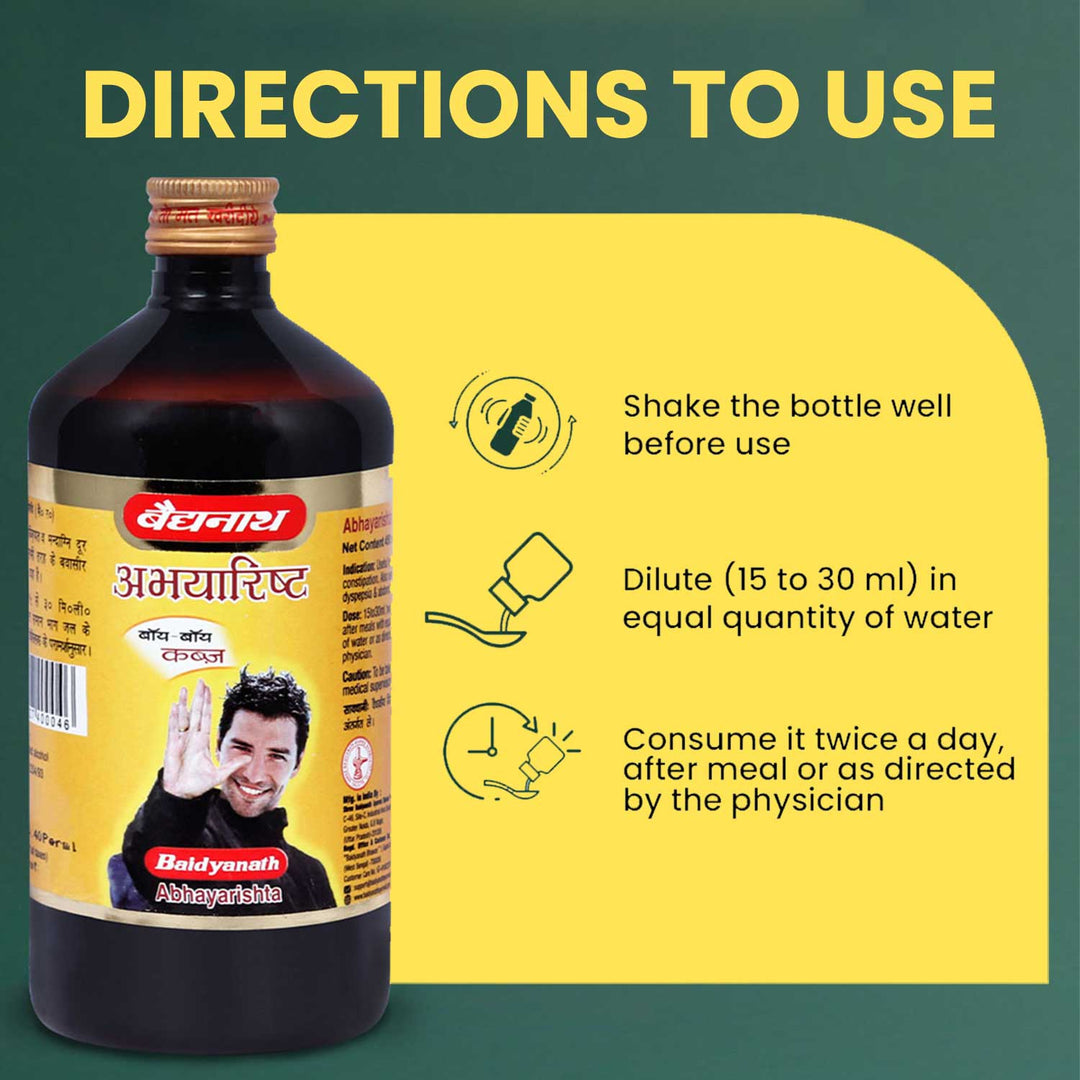 Baidyanath Abhayarisht bottle tagline highlight  'directions to use'