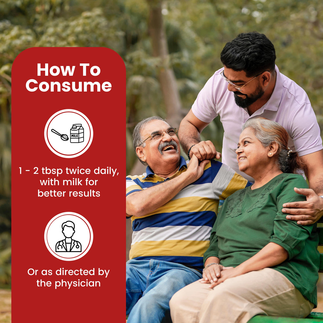 A man places his hand on an elderly man and woman's shoulders behind the chair, both smiling at each other. The tagline displays 'How to consume'.