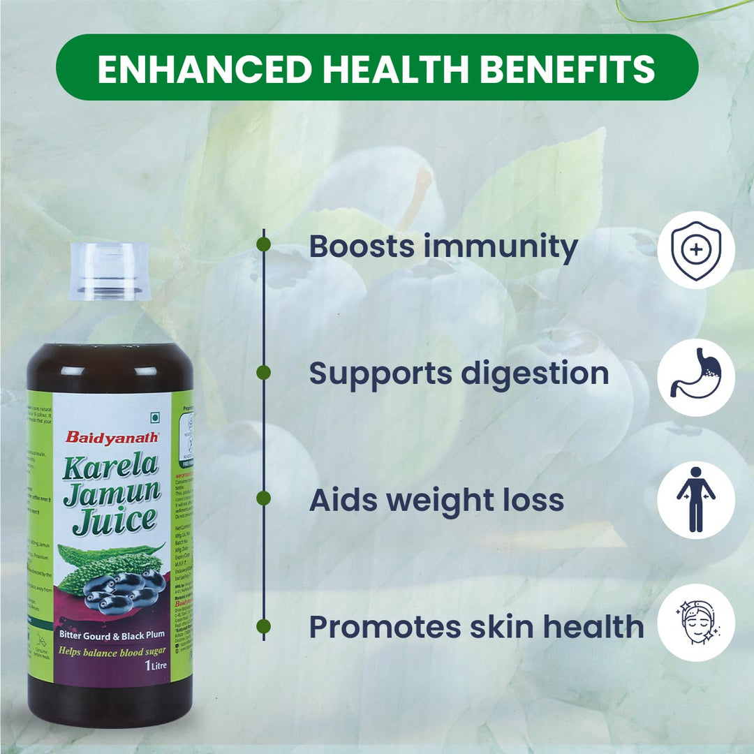 Baidyanath karela jamun juice bottle, enhanced health benefits, boost immunity, supports digestion, aids weight loss, promotes skin health.