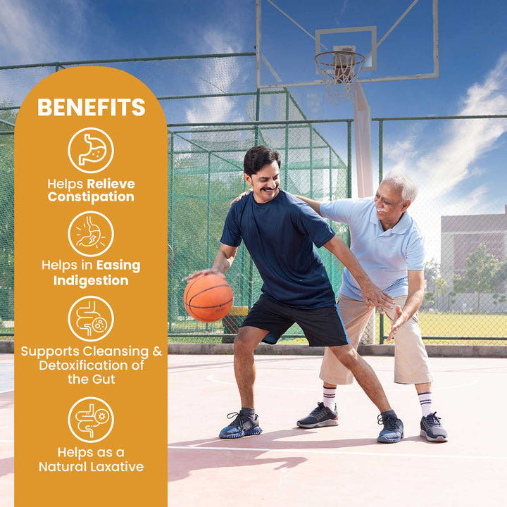 A young man play basket ball with old man, a benefits patch highlight digestive , indigestion, detoxificaton, natural laxative.