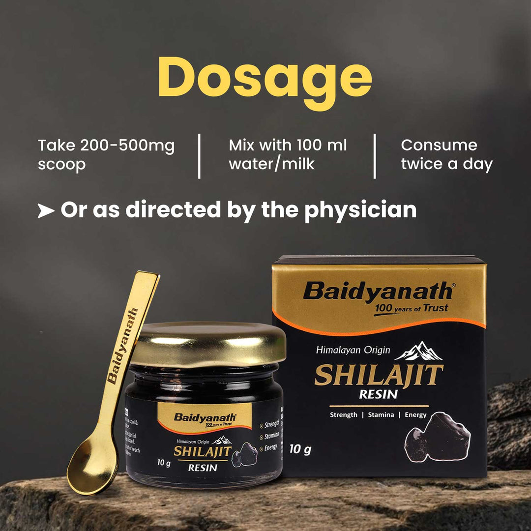 Baidyanath shilajit resin box with spoon highlight the dosage.