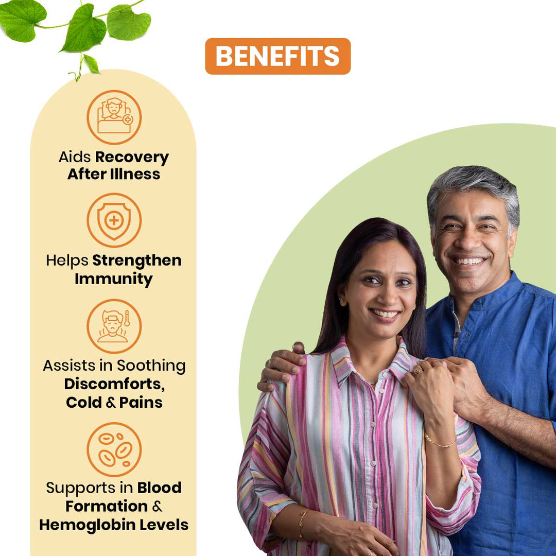 A man placed both on her wife shoulder, showcasing the benefits some illustrator aids recovery after illness, healp strengthen immunity, assists in soothing discomforts, cold & pains, supports in blood formation & hemoglobin levels.