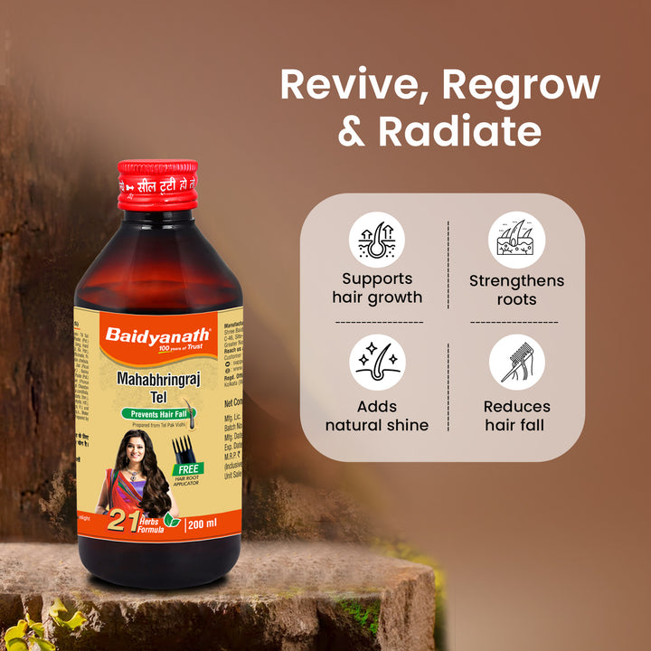 Baiydanath mahabhringraj tel a bottle with uses icons hightlight tag line (revive, regrow, & radiate)