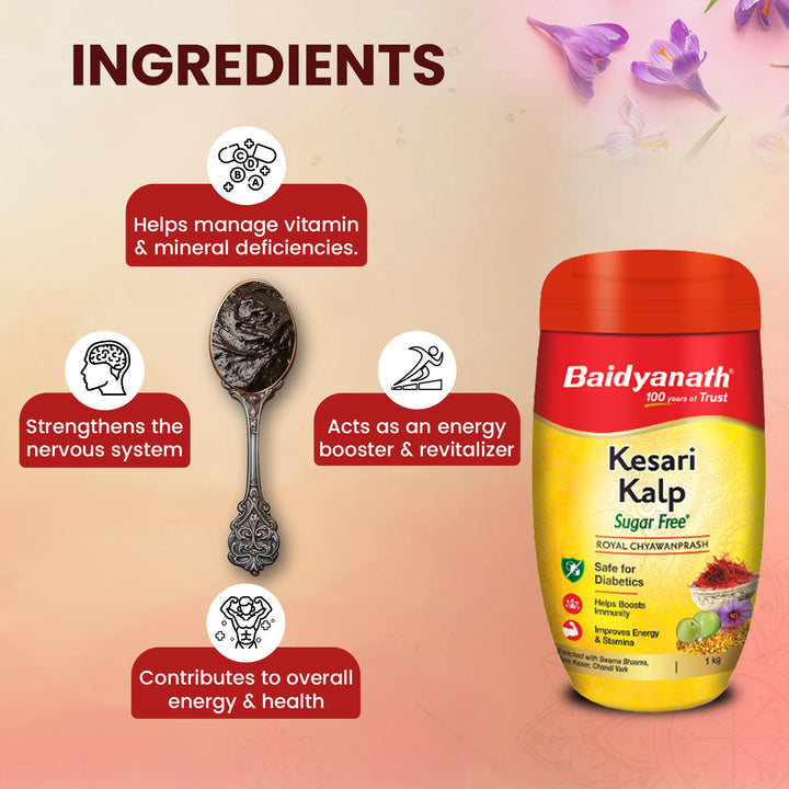 Baidyanath Kesari Kalp Sugar Free Royal Chyawanprash box and highlight the ingredients.