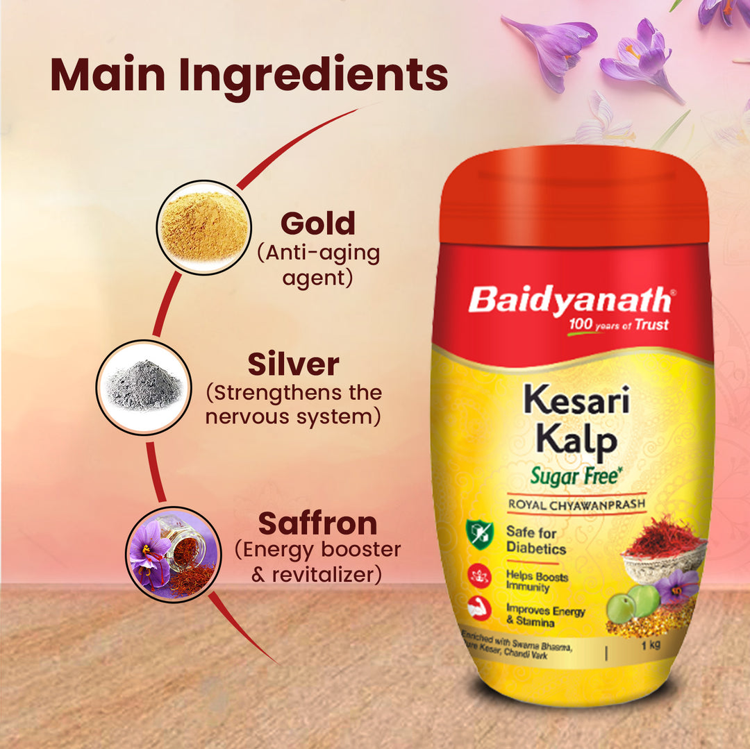 Baidyanath Kesari Kalp Sugar Free Royal Chyawanprash box and highlight the tag line main ingredients.