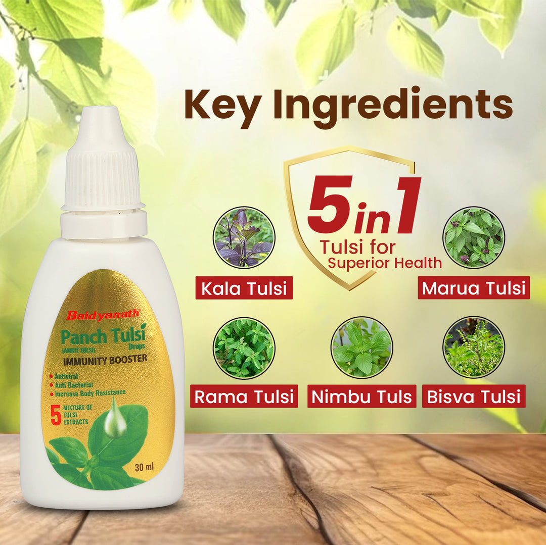 Baidyanath Panch Tulsi Drops - 30 ml | Natural Immunity Booster with Goodness of Five Types of Tulsi (Pack of 2)