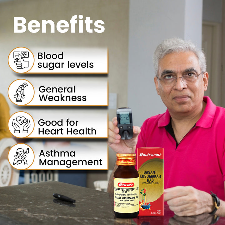 An elderly man displays the reading on a meter, with a Baidyanath Basant Kusumakar Ras bottle and box placed on the right side of the table. The benefits of the product are being highlighted.