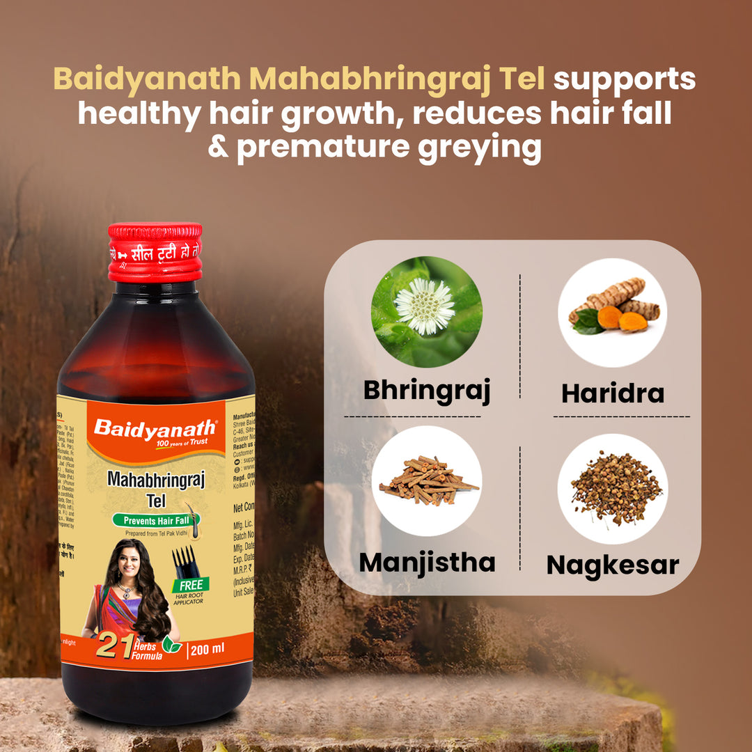 Baiydanath mahabhringraj bottle and highlight the ingredients and line baidyanth mahabhringraj tel supports healthy hair growth, reduces hair fall & premature greying.