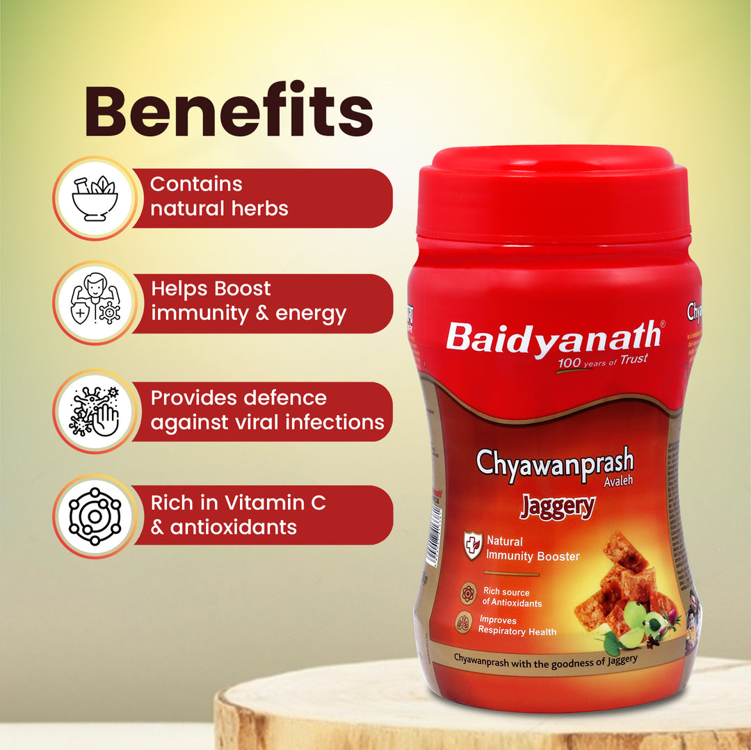 Baidyanath jaggery chyawanprash bottle, left side if image showcasing the benefits of chyawanprash.