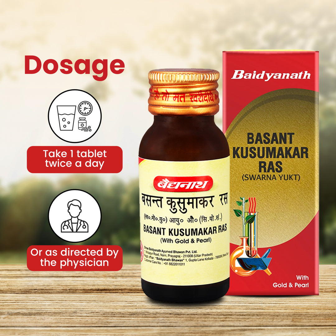 Baidyanath Basant Kusumakar Ras bottle and box are showcased on the left side of the image, with dosage details highlighted.