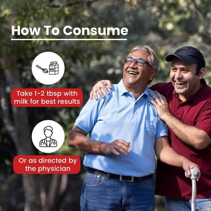 A young man places his hand on an elderly man's shoulder. On the left side of the image, the tagline explaining how to consume is displayed.