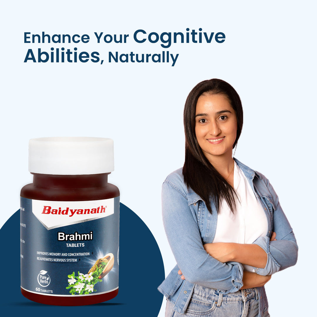 Baidyanath Brahmi tablet bottle with a girl standing to the right of the bottle. Tagline hightlight 'enhance your cognitive abilities naturally'