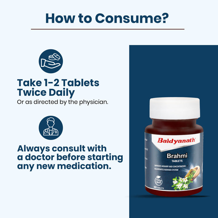 Baidyanath Brahmi tablet bottle tagline highlight "how to consume?"
take 1-2 tablets twice daily, consult with doctor.