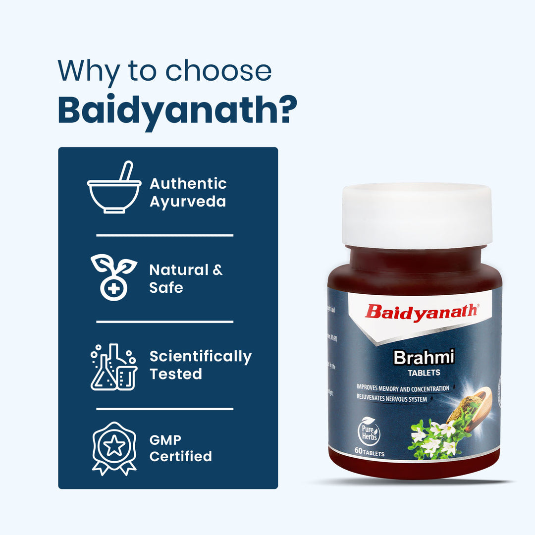 Baidyanath Brahmi tablet bottle tagline highlight "why to choose baidyanath?"