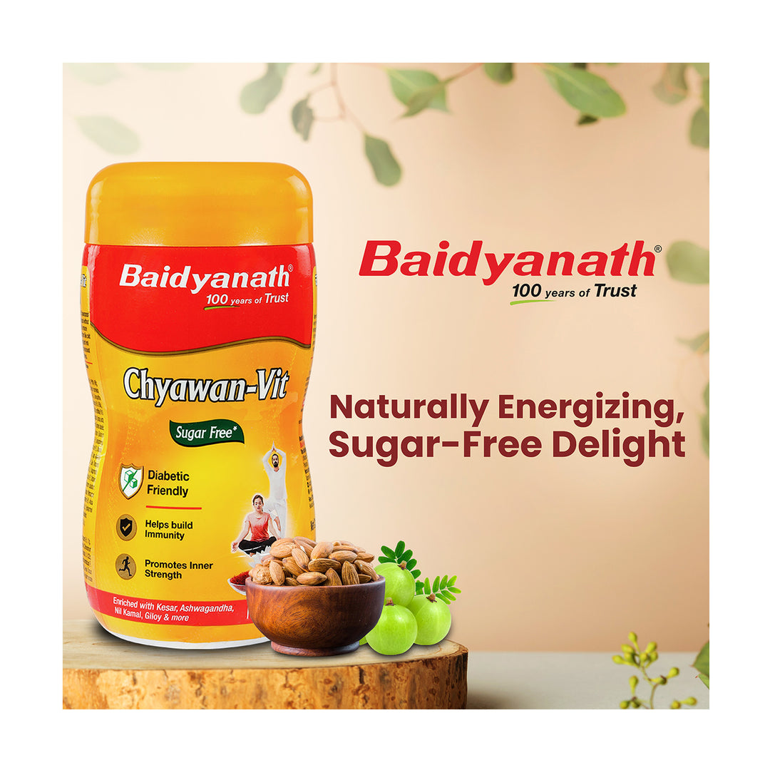 Baidyanath chyawan- vit  box , badam in bowl, amla, naturally energizing, sugar-free delight.