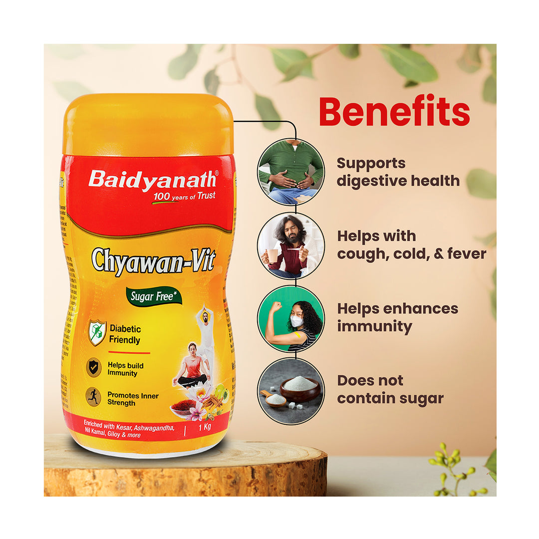 Benfefits of baidyanath chyawan-vit with chyawan-vit box, support digestive health, help with cough, cold & fever, help enhances immunity, does not contain sugar.