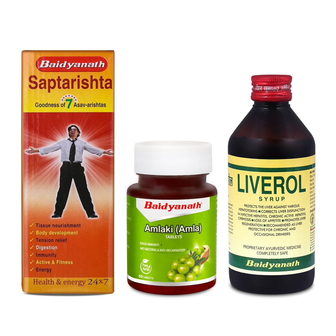 Badiayanth Gut Health Combo - Livrol Syrup-200ml | Saptarishta 450 ml | Amlaki Tablet 60 Tablets