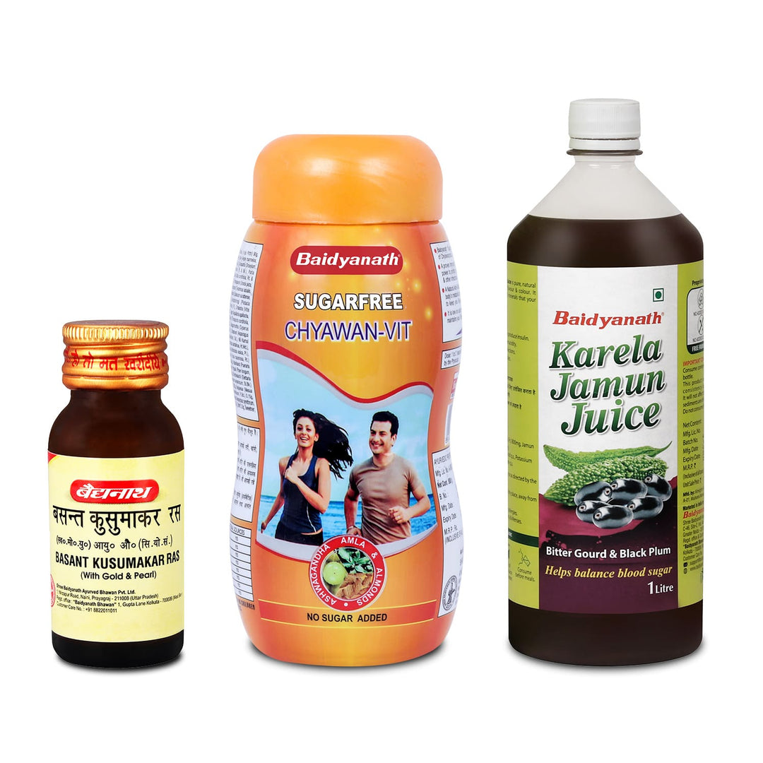 Baidyanath Diabetes Care Combo - Karela Jamun Juice 1 litre | Basant Kusumakar Ras Tab 25 | Chyawan Vit 1kg