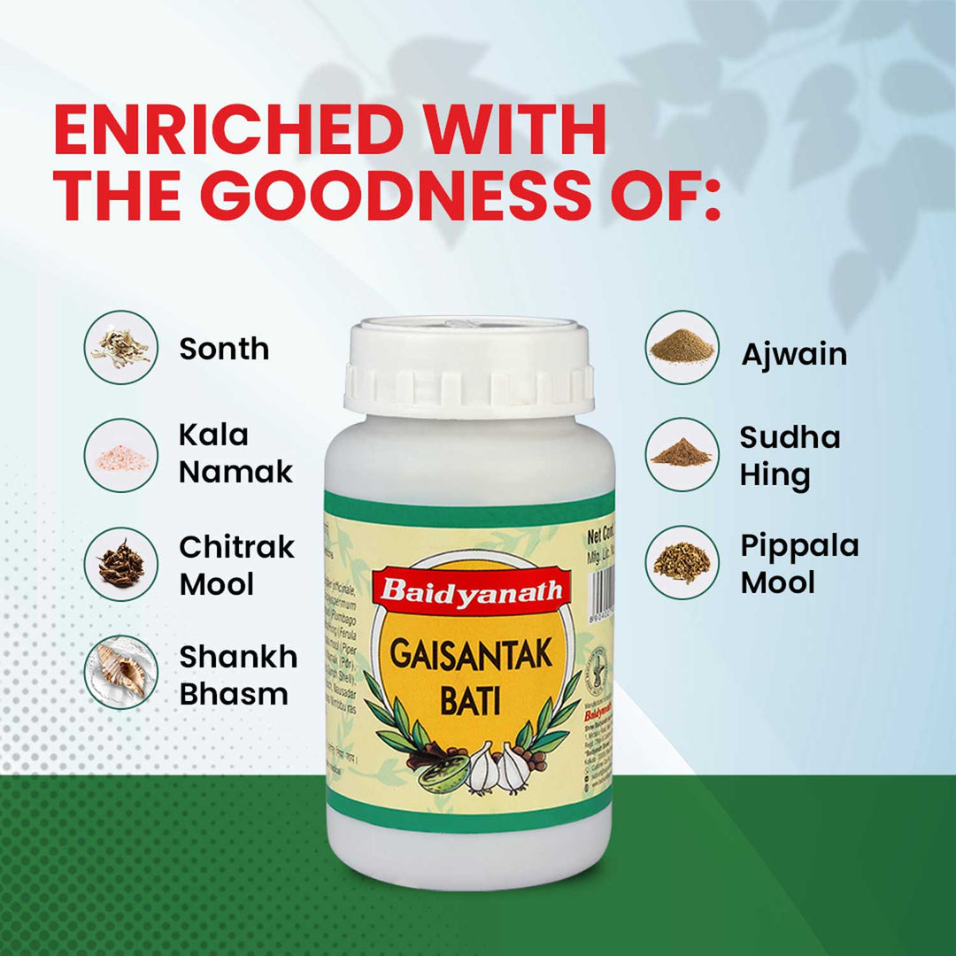 Baidyanath Gaisantak Bati -100gm | Reduces and neutralizes acid levels | Provide Quick relief from common digestive problems like Gas formation, Hyperacidity, and Bloating (Pack of 1)