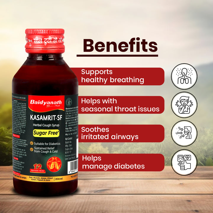 Baidyanath Kasamrit Sugar Free Herbal Cough Syrup with Goodness of Tulsi, Mulethi, Pippal, and 9 other Herbs